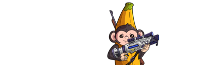 Cartoon monkey in banana hat holding a large rifle